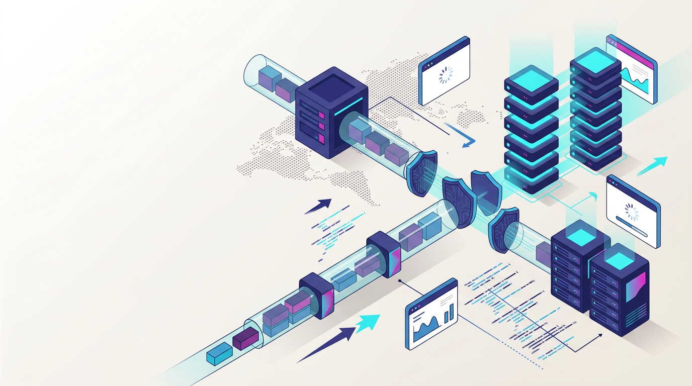 Illustration of free datacenter proxies for testing, showing fast IP server nodes and web scraping automation tools
