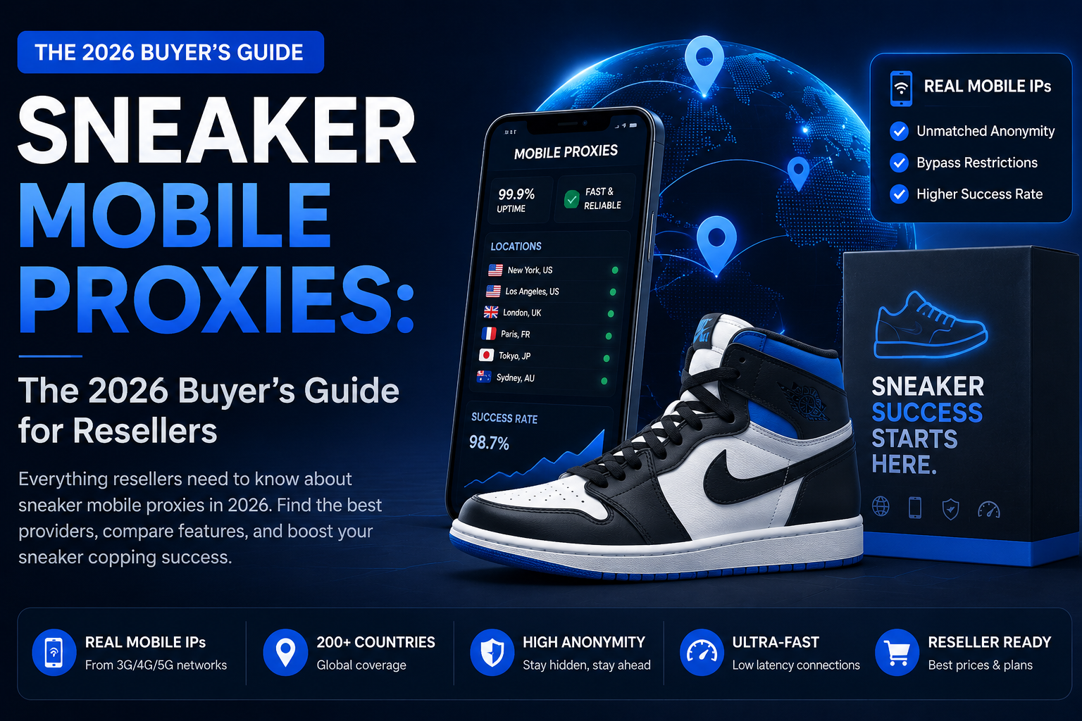 Sneaker mobile proxies: the 2026 buyer's guide with laptops, sneakers, and proxy network dashboard for resellers